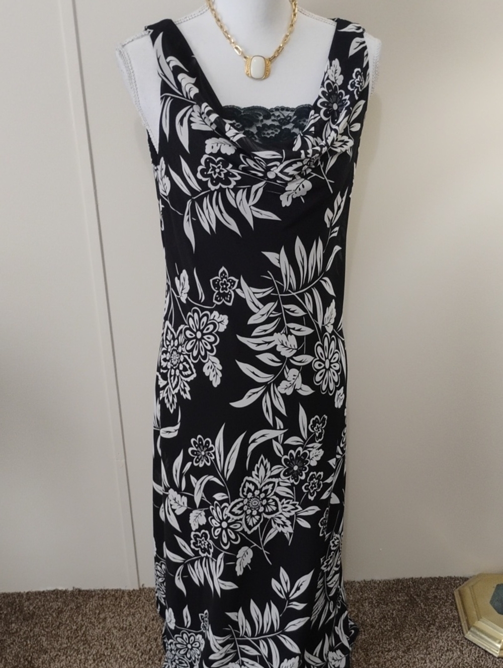 Gorgeous Studio I Black & White Floral Cowl-Neck Maxi Dress